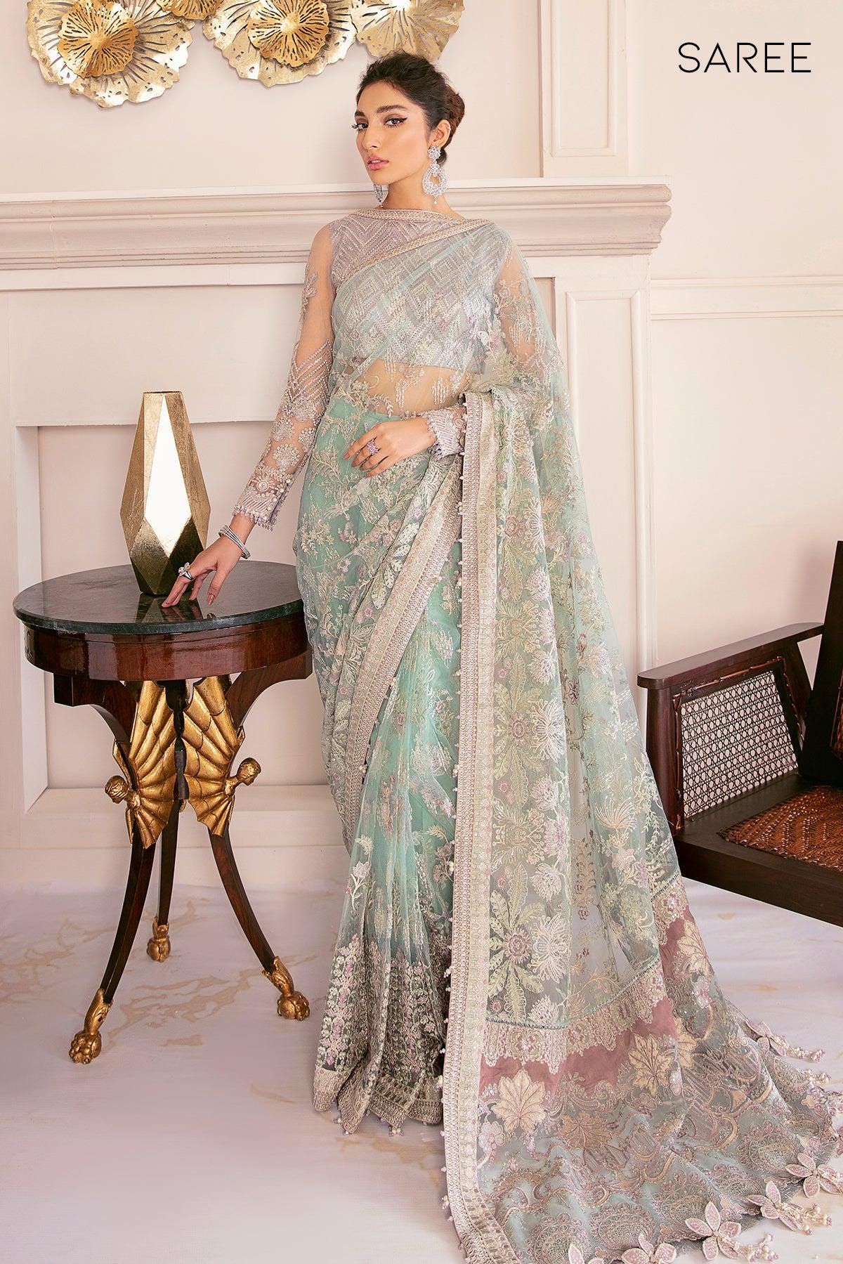 Sea Green Embroidered Net Saree: Indian Silk Wedding Party Wear
