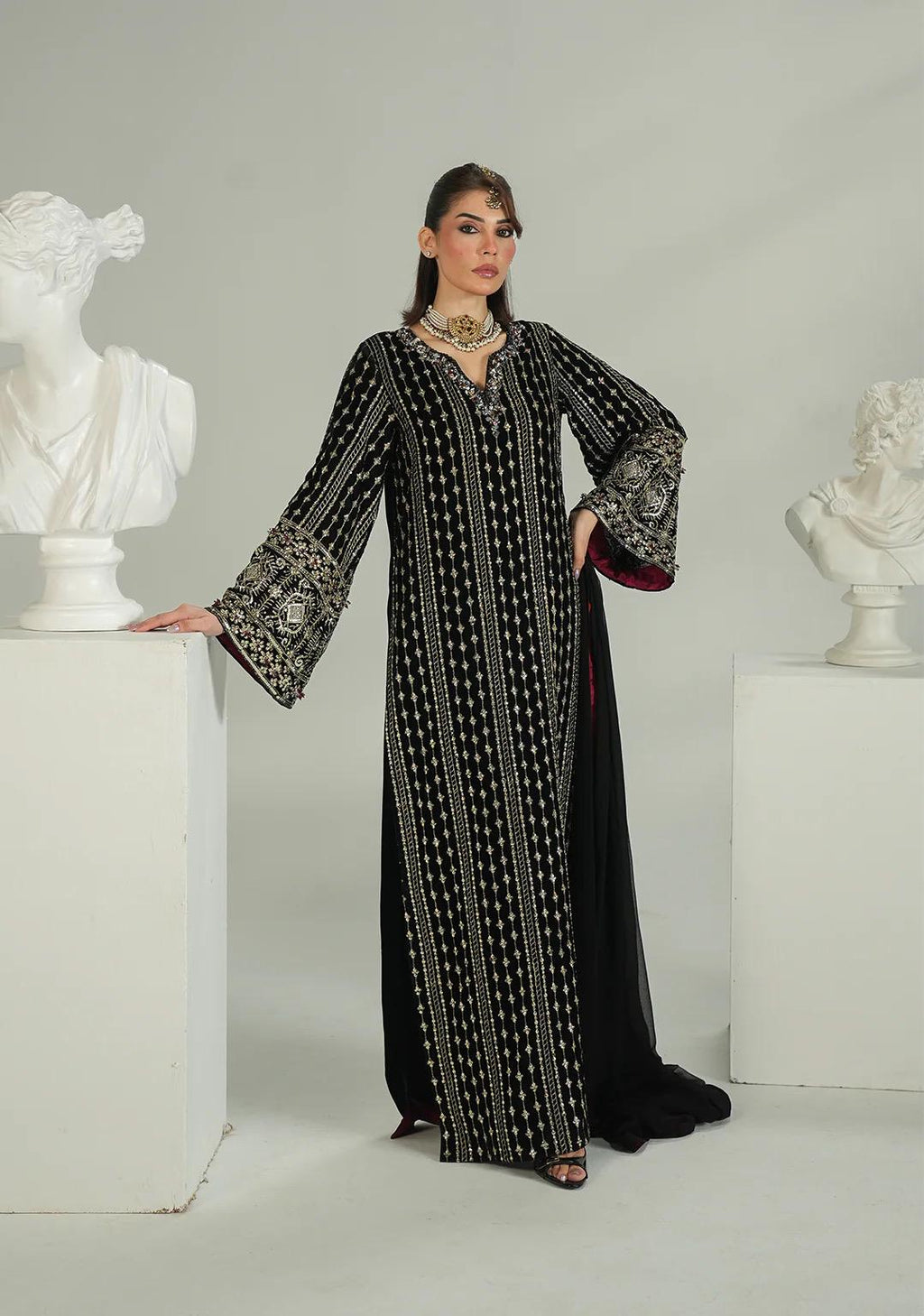 black velvet long dress with chiffon duppata: receptionwear black indian suit