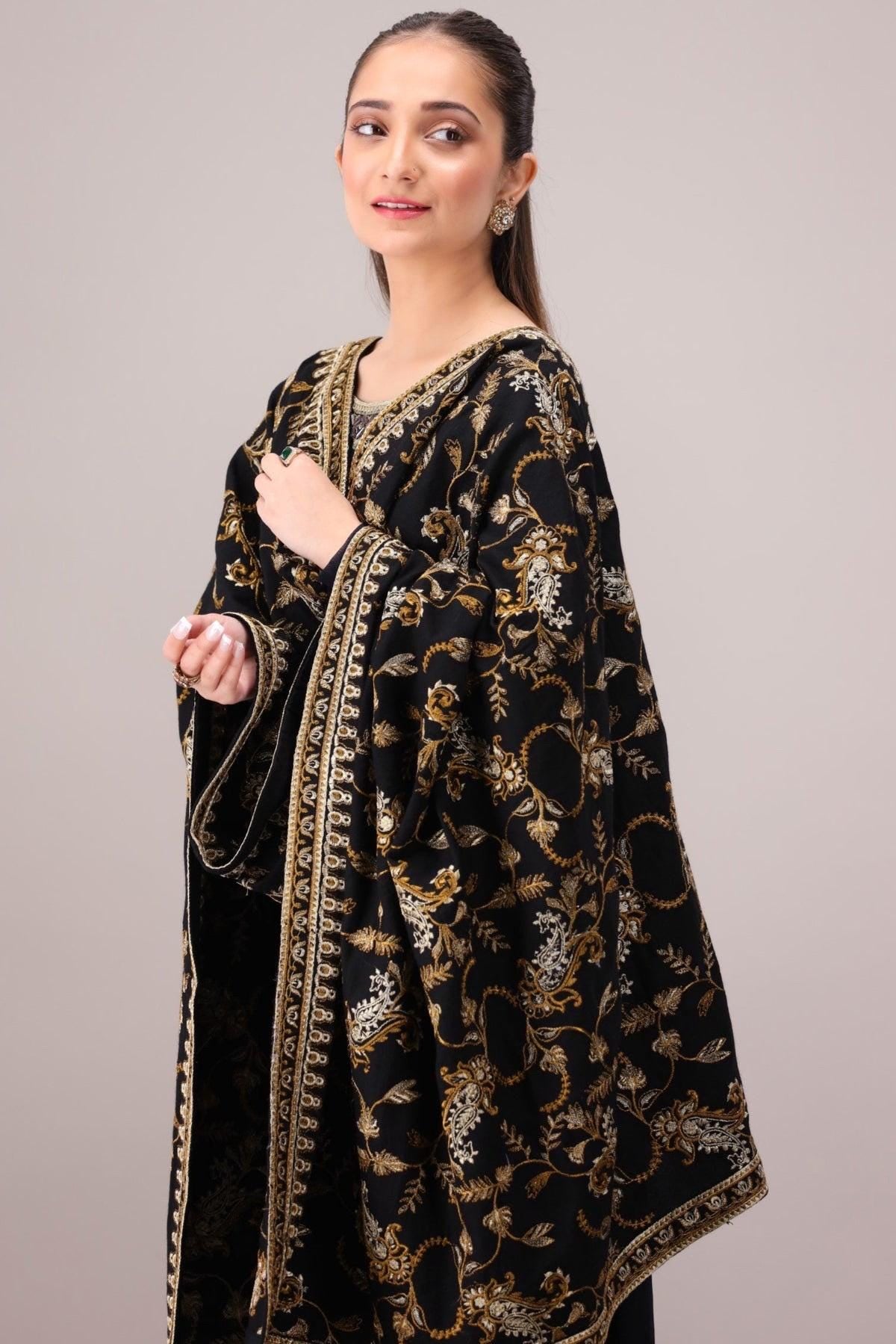 Embroidered dhanak Black Kashmiri Shawl: Indian Festive Wear
