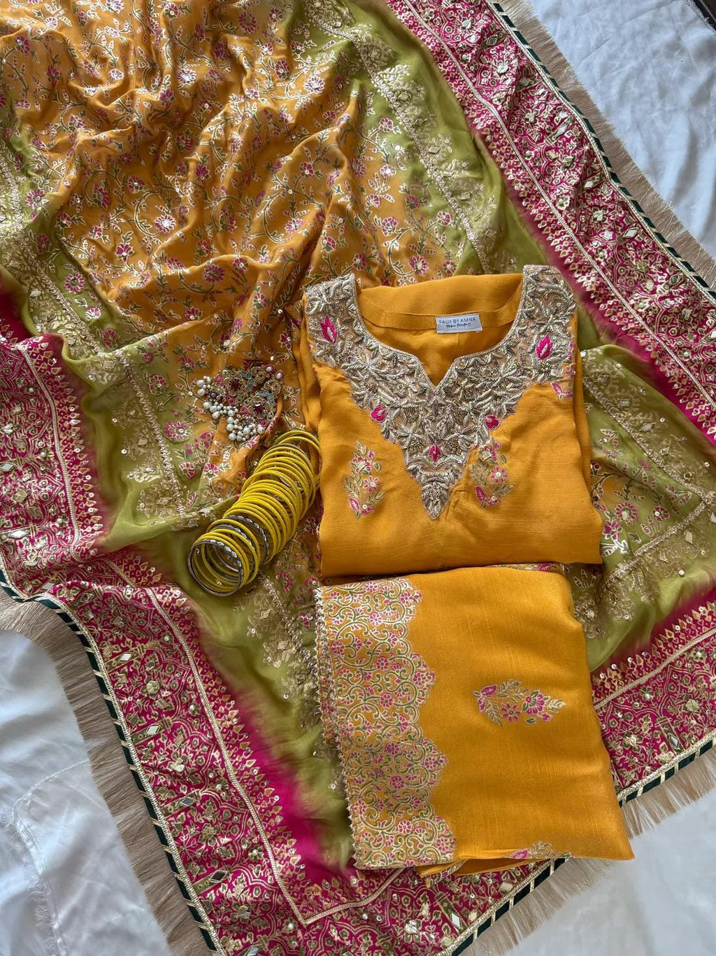 Embroidered Raw Silk Mayoun Set, Gotta & Mukesh Work, 3pc