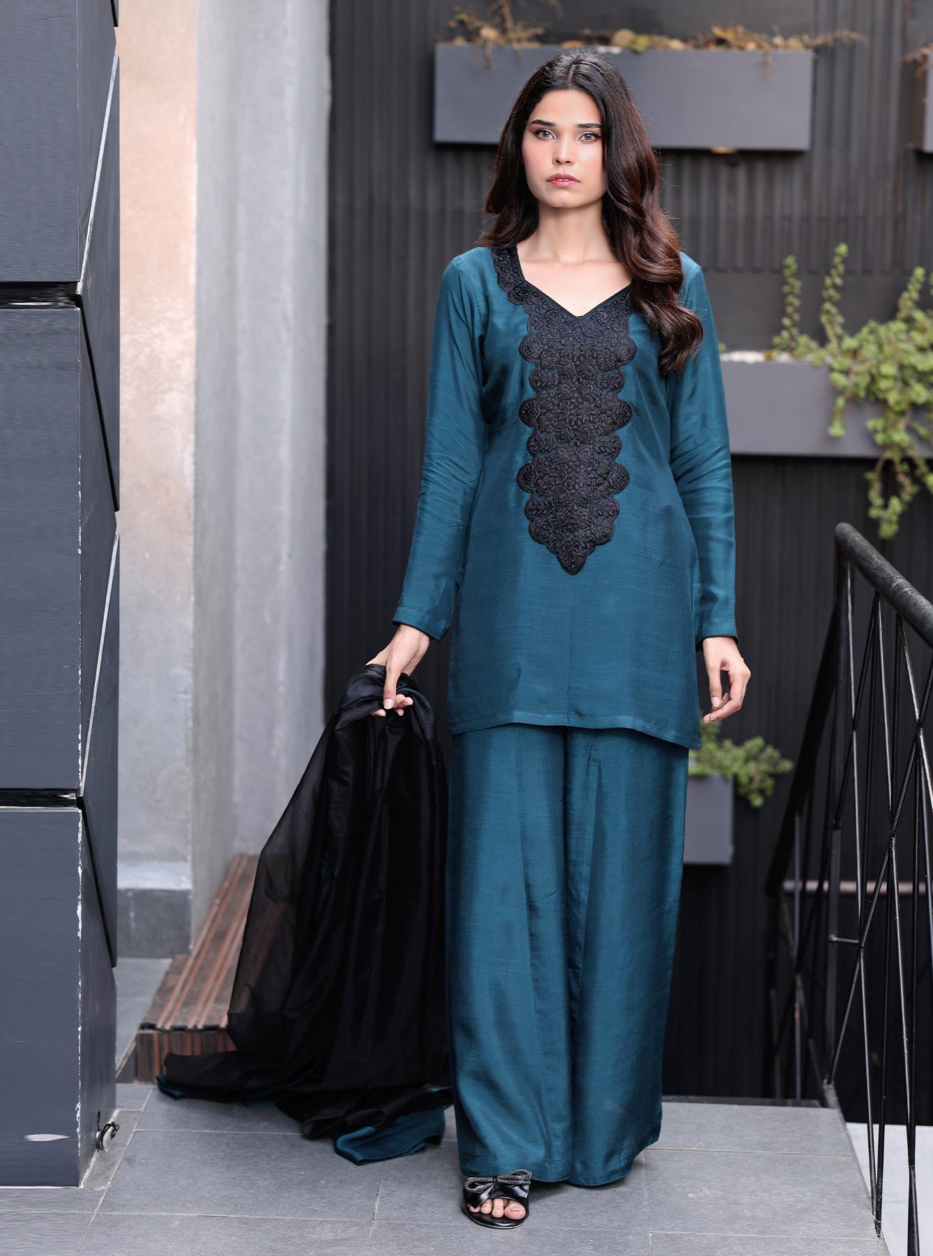 Teal Raw Silk Sharara Suit: Indian Pakistani Wedding Outfit