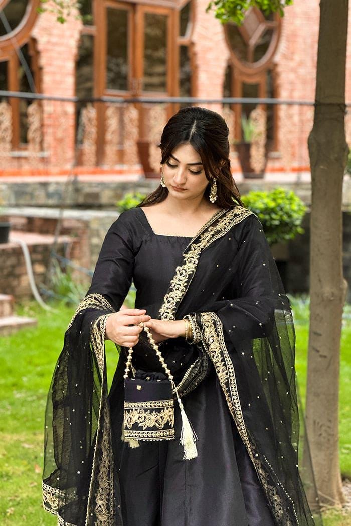 Black Silk Maxi Dress, Tilla Embroidery, Net Dupatta, Pakistani Indian