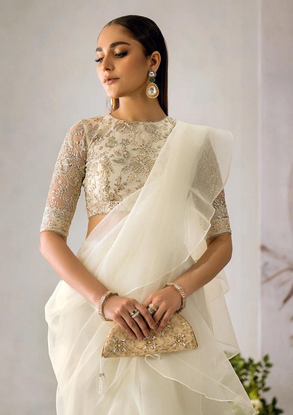 dreamy off white saree  with Embroidered Blouse: Indian Party Wear