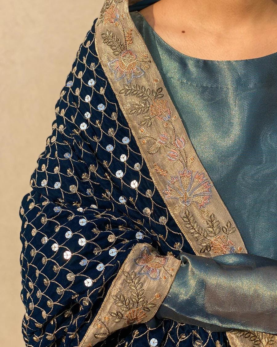 Zinc Velvet Bridal Shawl – Silver Sequins, Embroidered Border