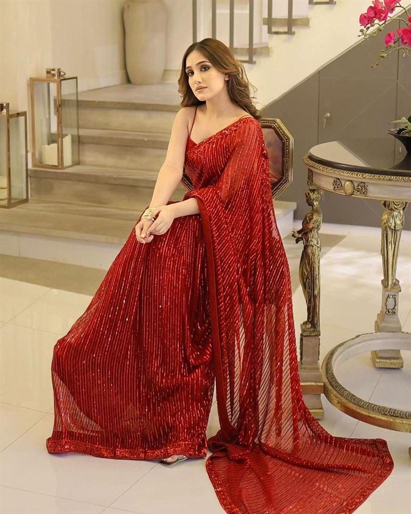 Red Chiffon Sequin Saree, Indian Party Wear, Designer Sari