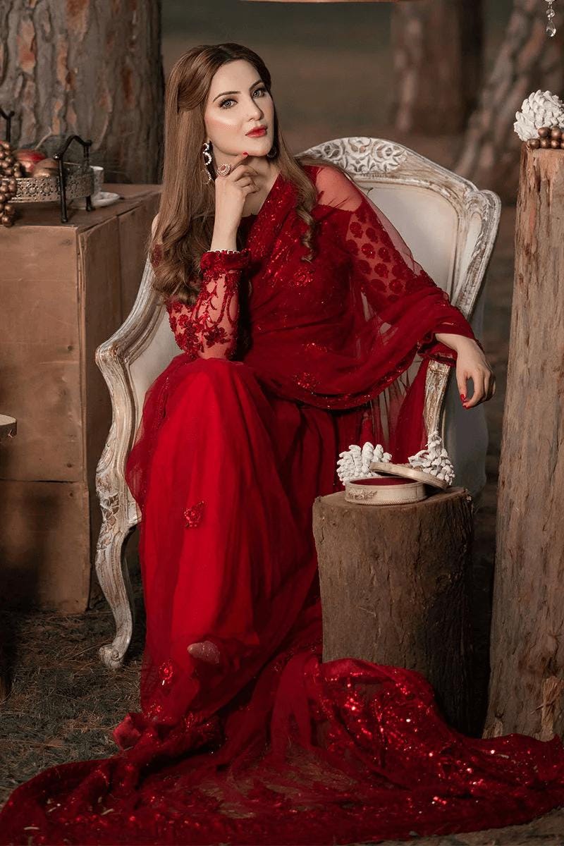 Red Chiffon Saree, Sequins Embroidered Indian Party Wear