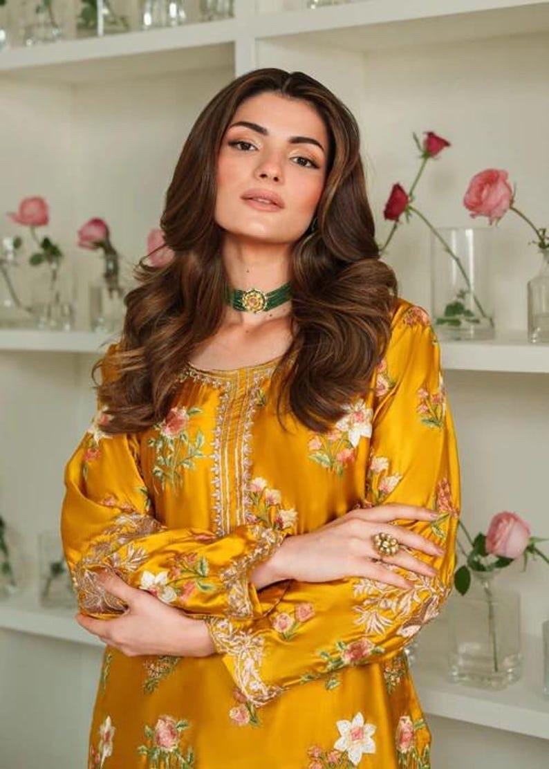 Embroidered Silk Farshi Shalwar Suit, Chiffon Dupatta, Potli Bag