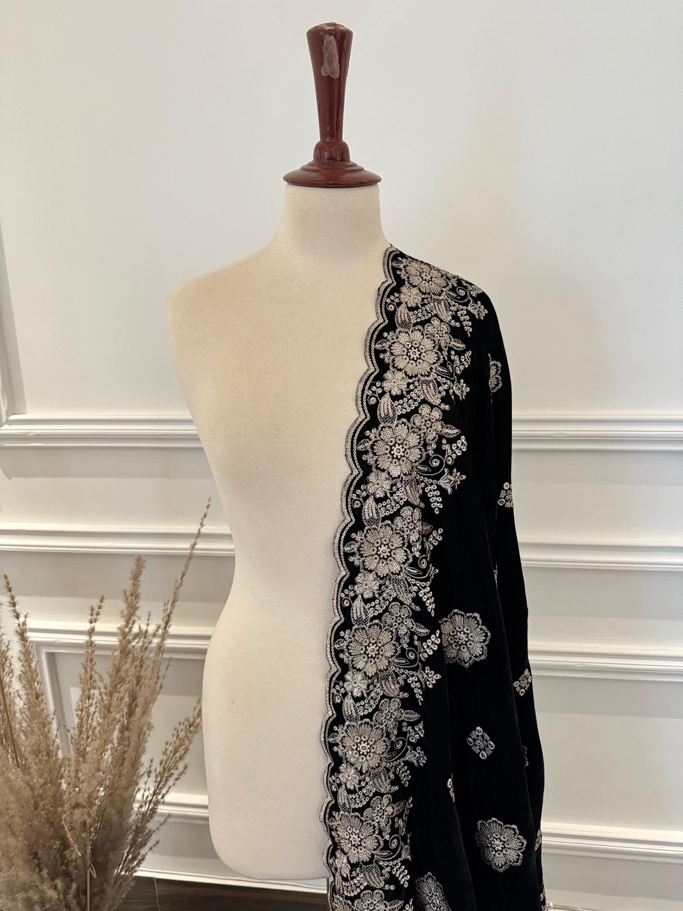 Black Velvet Shawl, Silver Gold Embroidered Floral, Indian Wedding Shawl