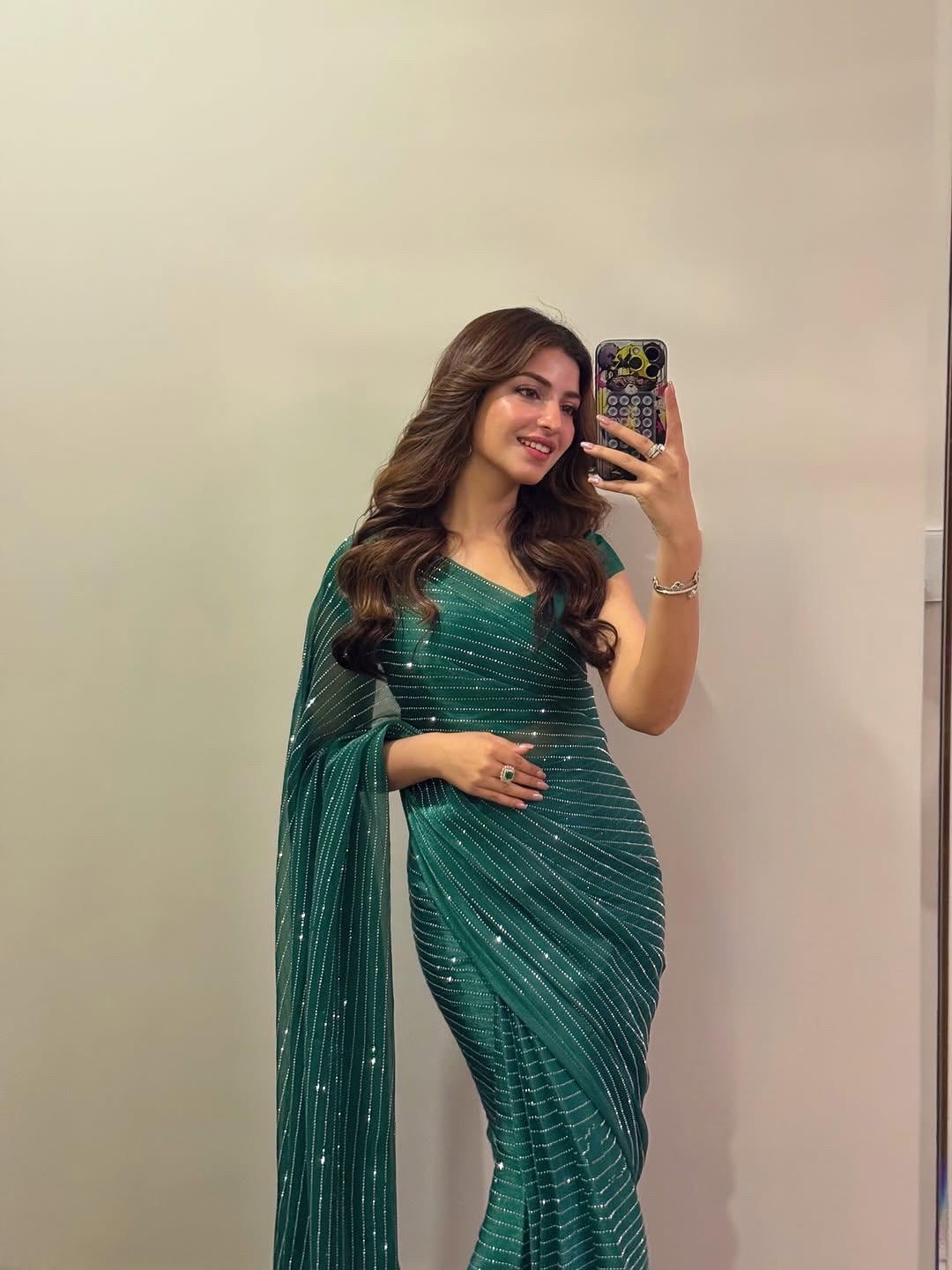 Sequins Embroidered Saree: Midnight Sky Lava Silk Indian Party Wear