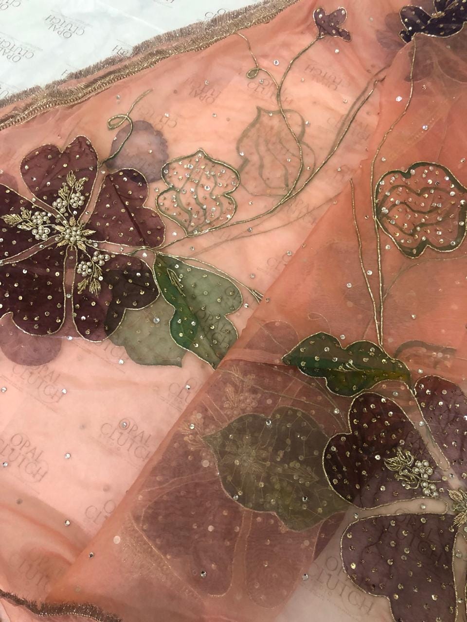 Hand-Painted Bridal Dupatta: Pink Floral, Hand-Embellished