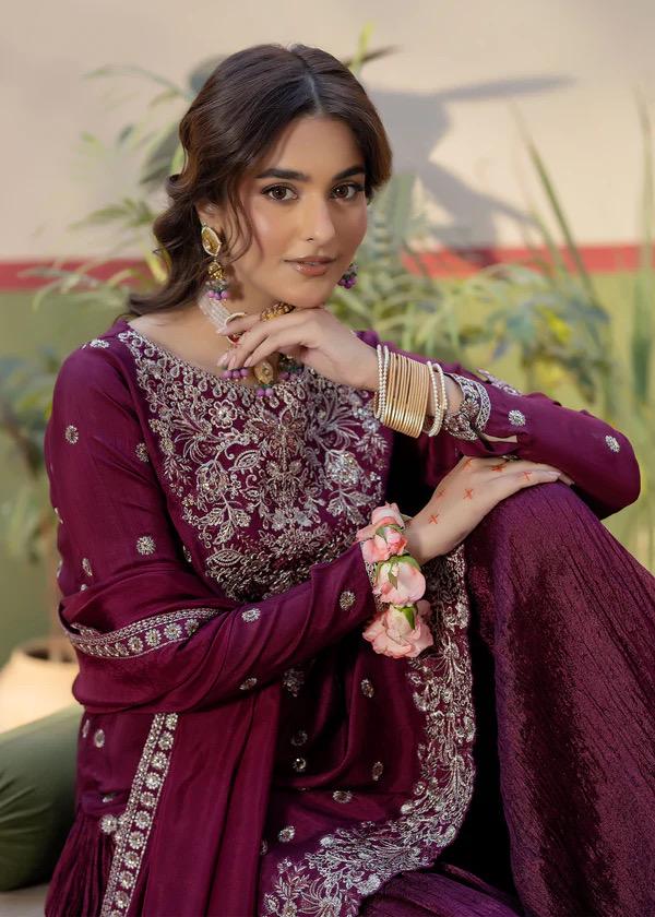 wine silk short shirt with crush  shahrara pants and duppata 3pc suit