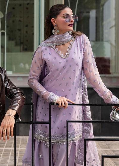 Embroidered Chiffon Farshi Shalwar Kameez, Lilac Indian Wedding Suit