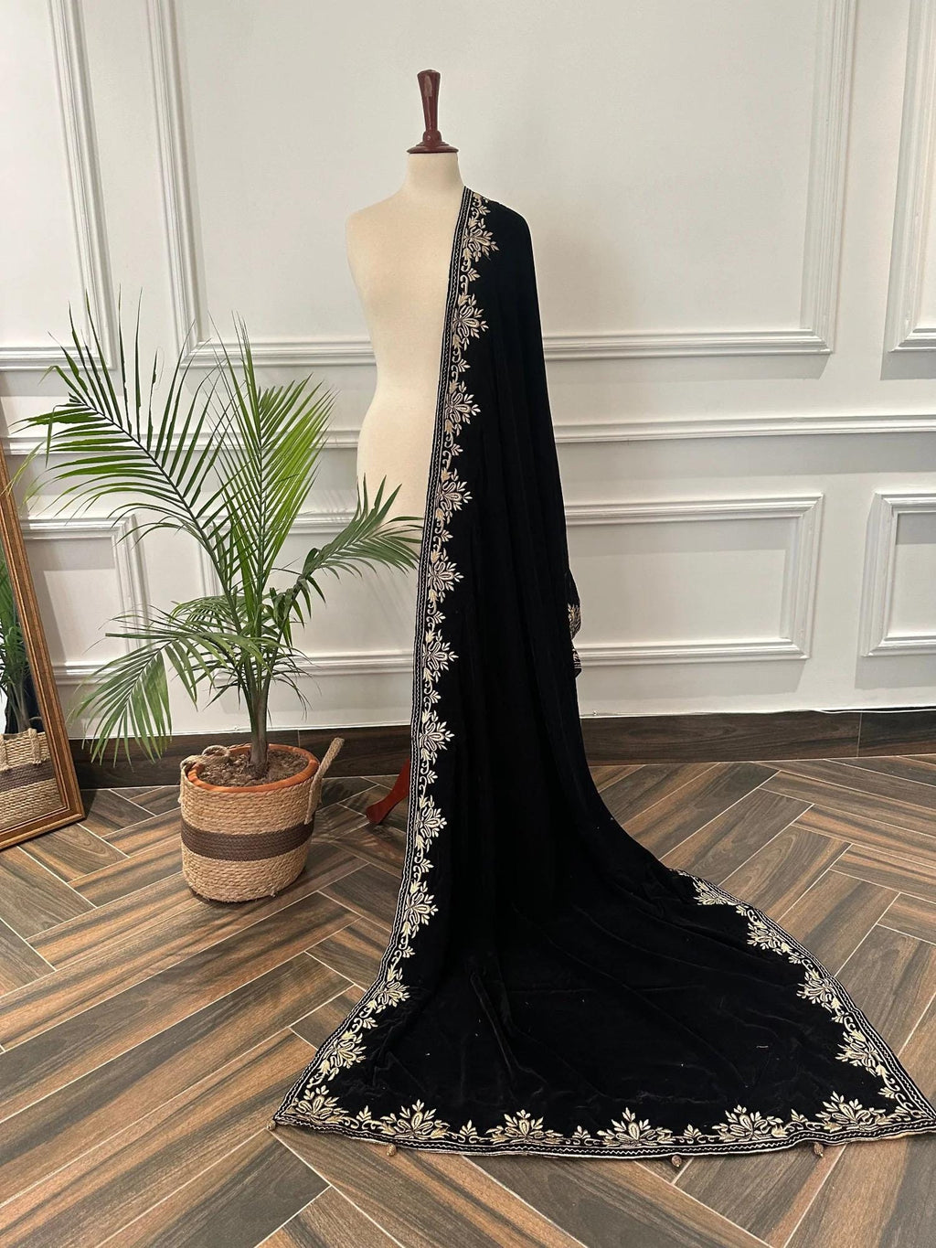 Black Velvet Indian Shawl | Silver Tila Embroidery, Wedding Wrap