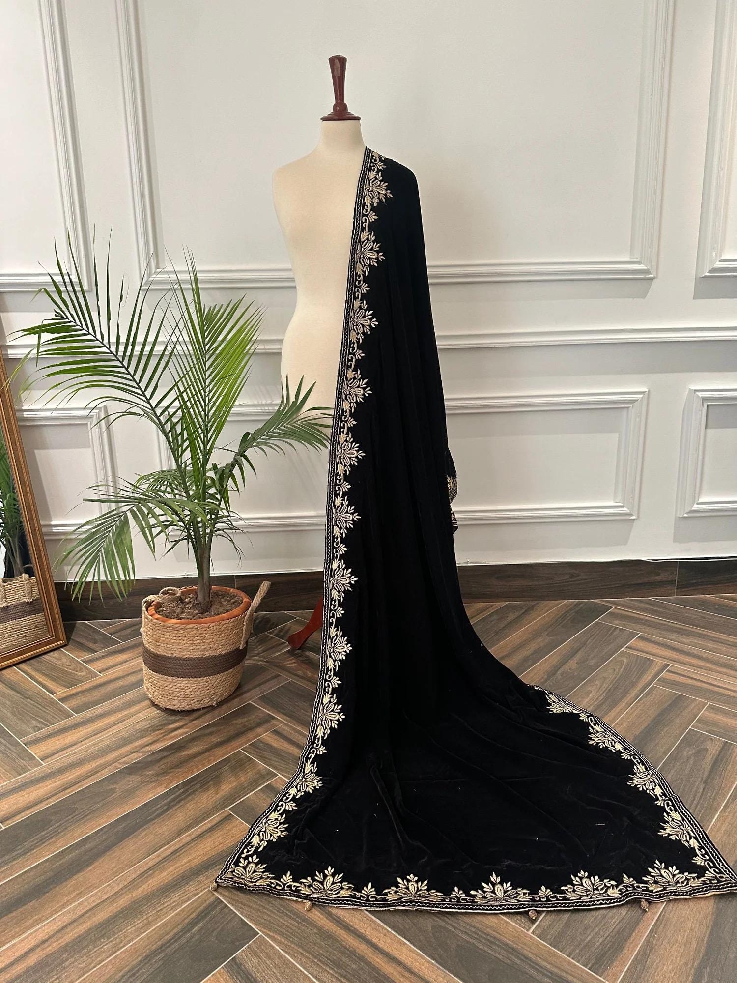 Black Velvet Indian Shawl | Silver Tila Embroidery, Wedding Wrap