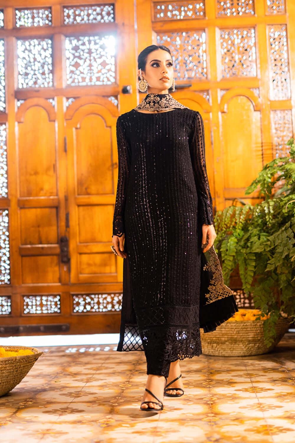 Black Chiffon Pakistani Suit: Embroidered Net Frock, Silk Trousers
