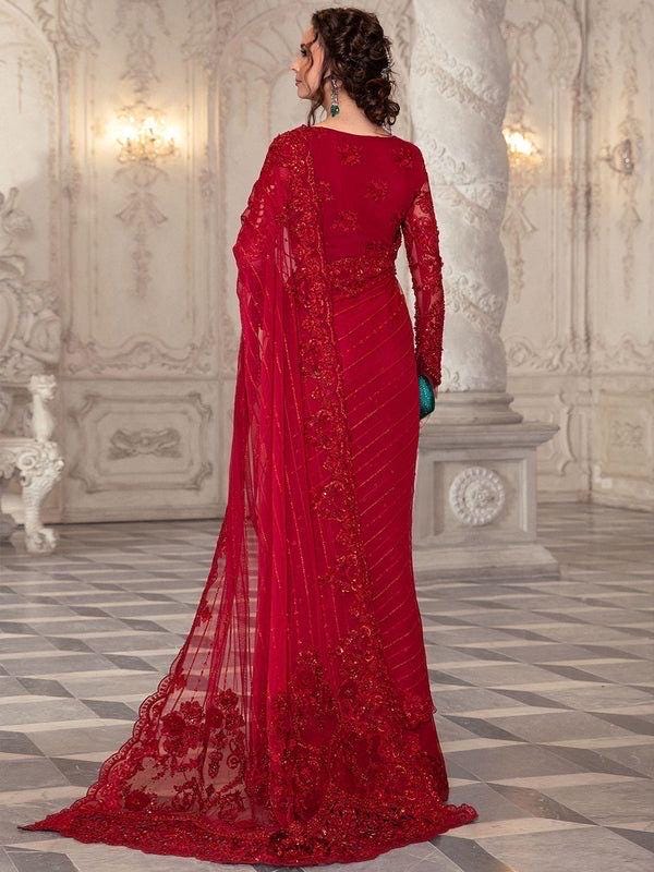 Red Sequin Embroidered Chiffon Saree, Indian Party Wear