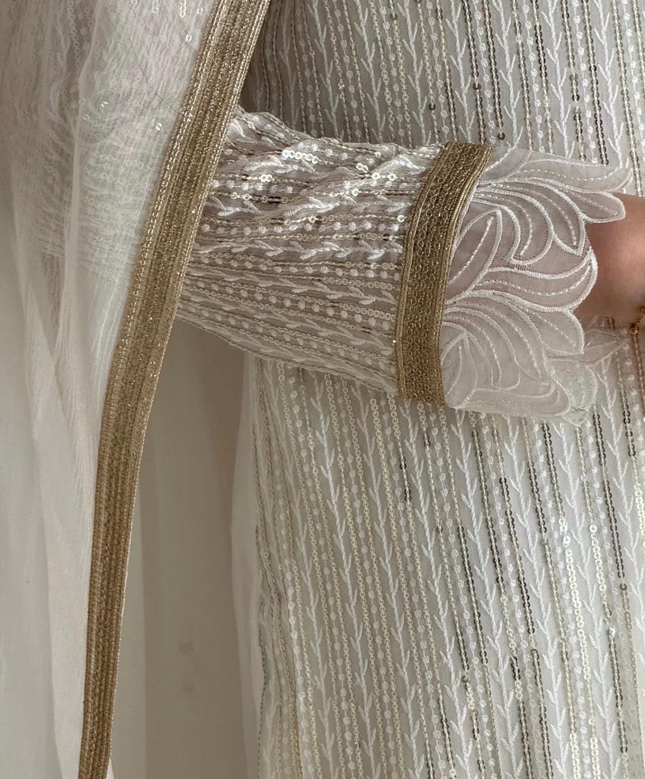 Hand Embellished White Sequins Pakistani Dress, 3pc Stitched