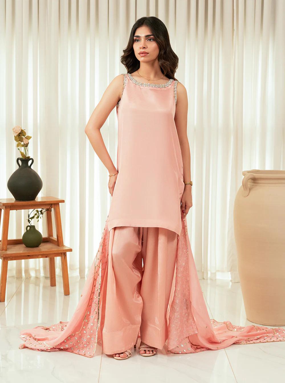 Pink Russian Silk Farshi Shalwar Kameez, Organza Dupatta