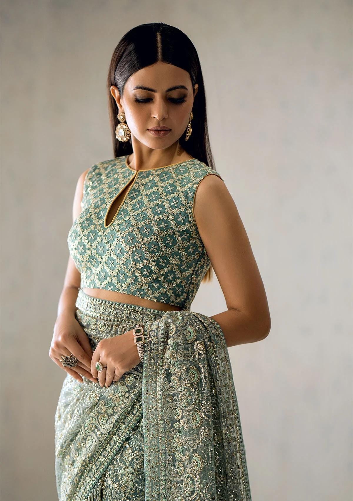 Embroidered Tulle Saree: Aqua Silk Indian Wedding Party Wear