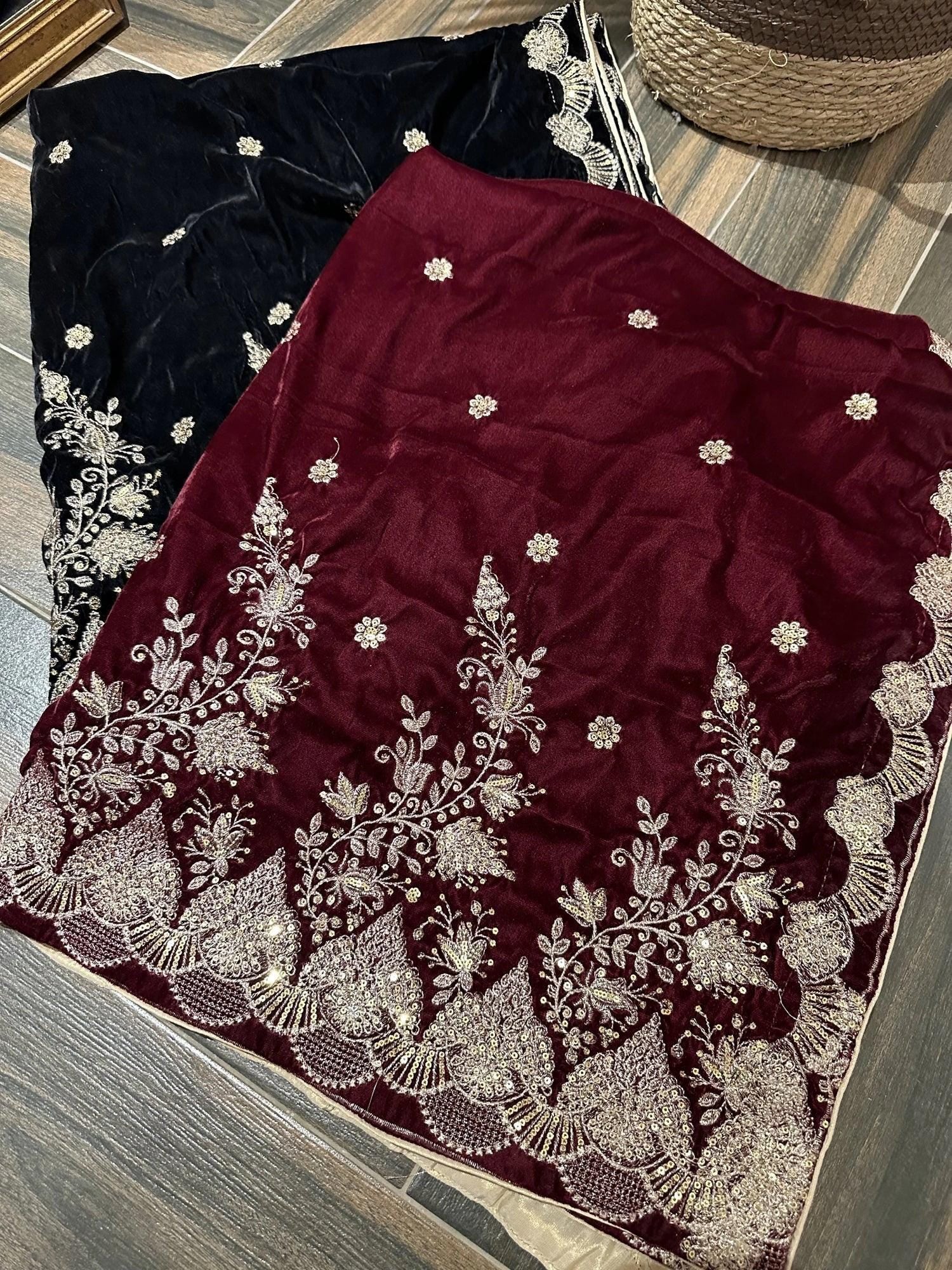 Maroon Velvet Embroidered Shawl: Bridal Duppatta with Cutwork Border
