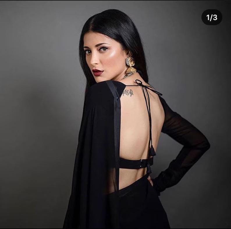 Black bolywood style Chiffon Saree, Indian sari with stitched blouse, readymade Blouse