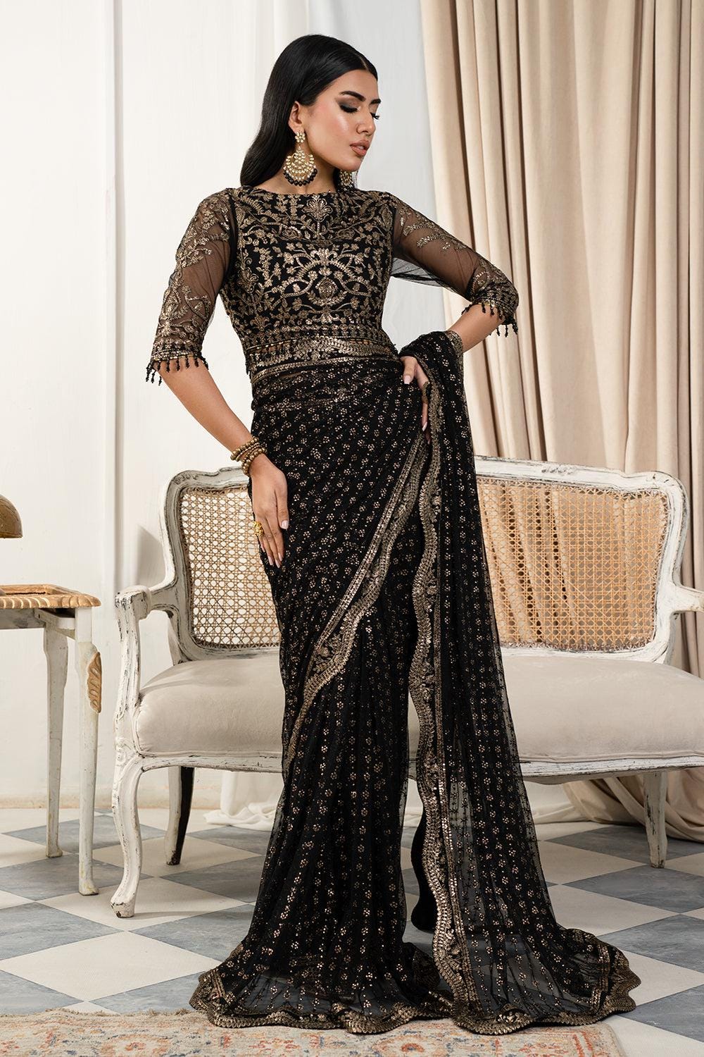 Black Sequin Embroidered Chiffon Saree, Indian Wedding Designer Saree