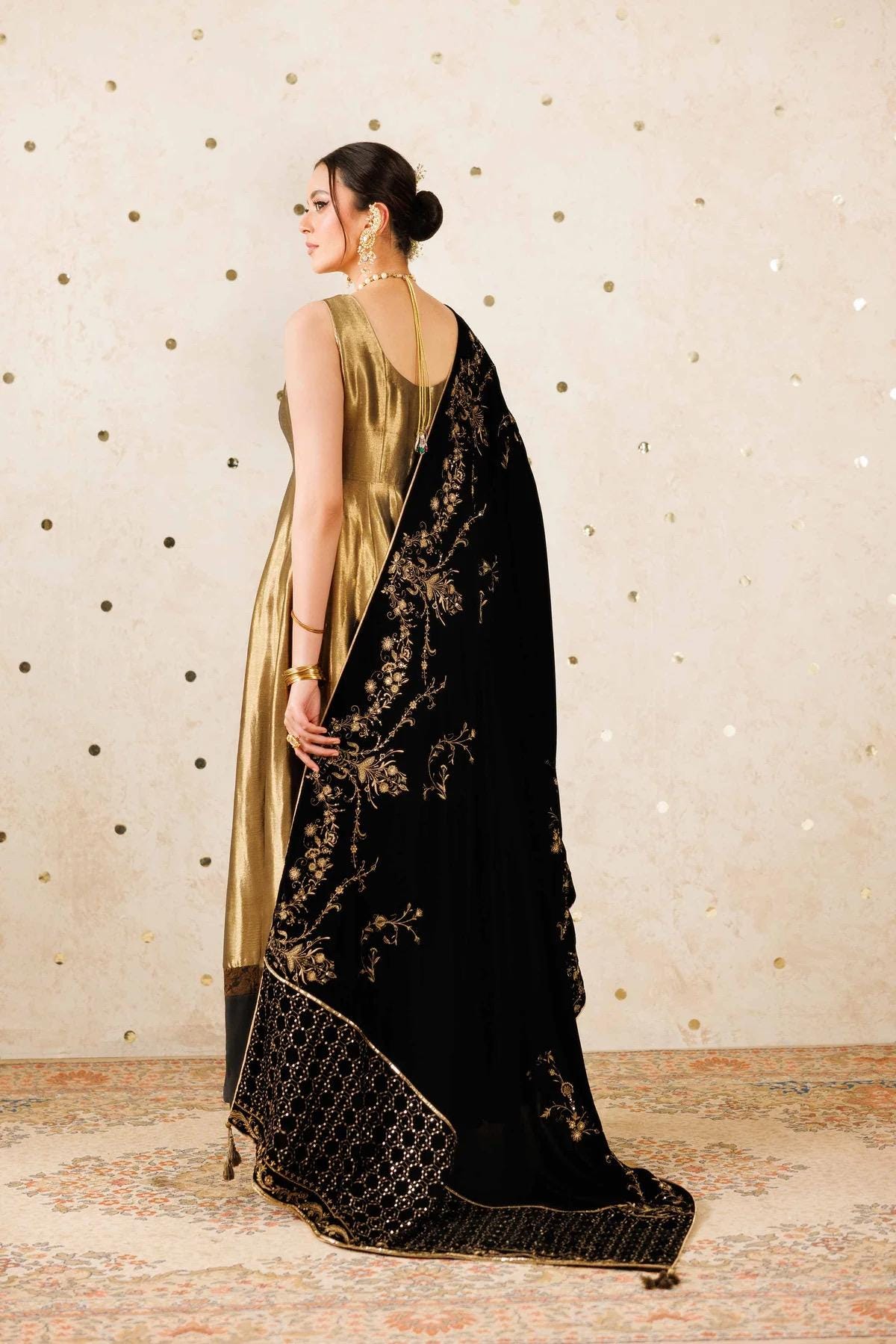 Black Velvet Shawl – Gold Sequins & Tila Embroidery, Formal Occasion