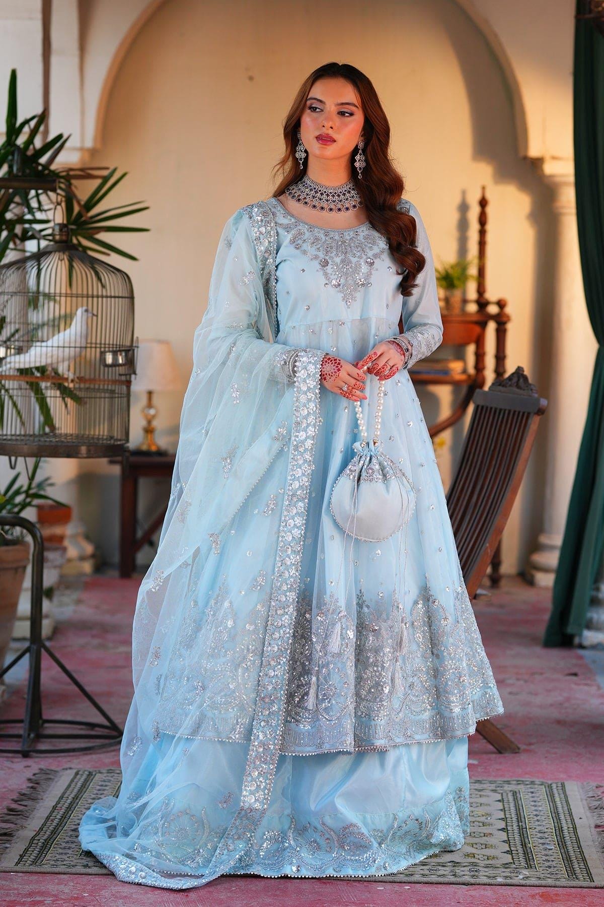 Embroidered Net Frock, Sky Blue Pakistani Maxi Dress, Lengha India