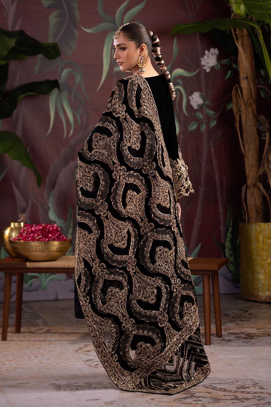 Black Velvet Bridal Shawl, Gold Embroidered Cutwork, Pakistani Designer