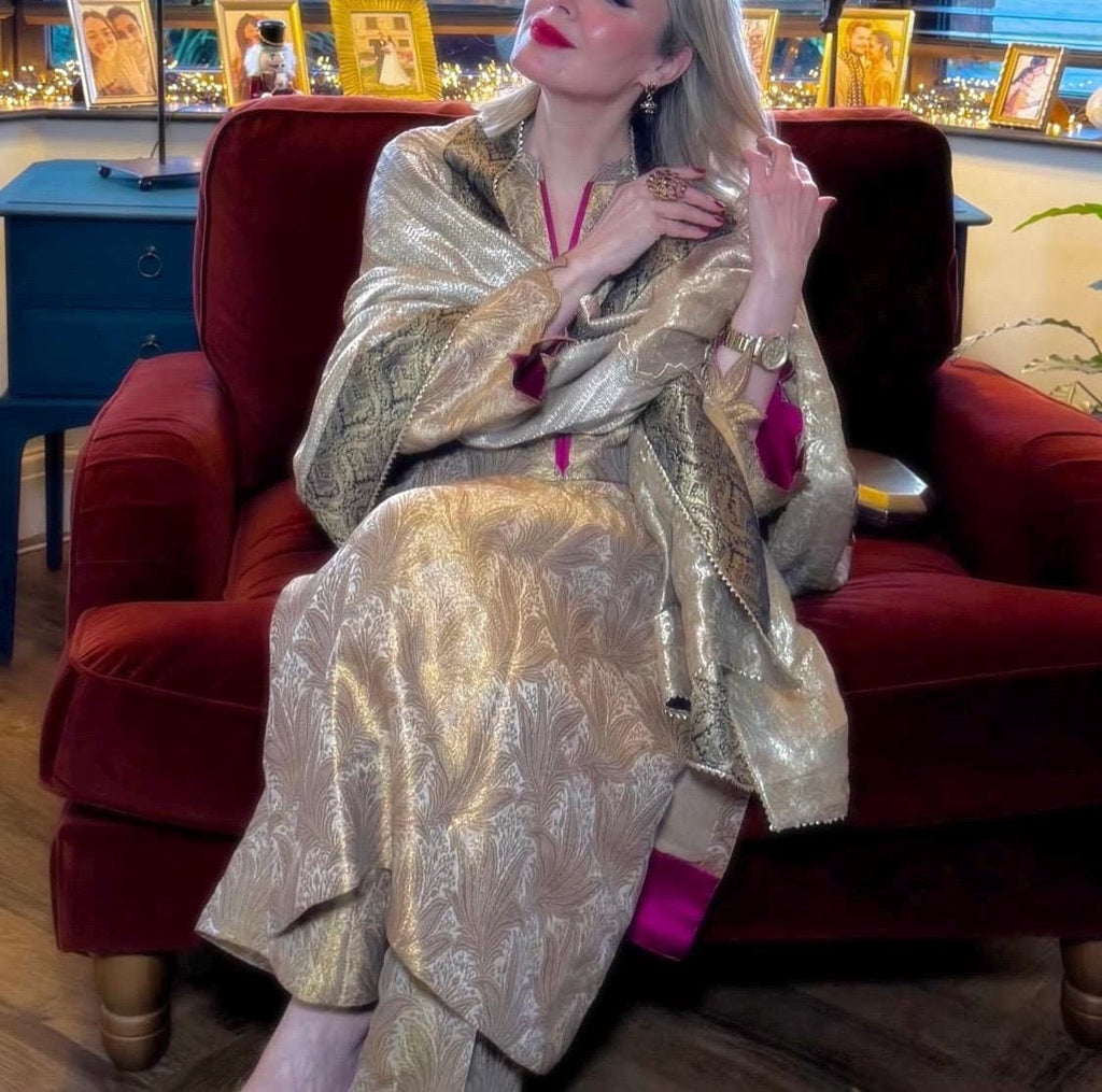 atlas banarsi gold Kameez Shalwar, Pakistani Mirrorwork 3pc Outfit