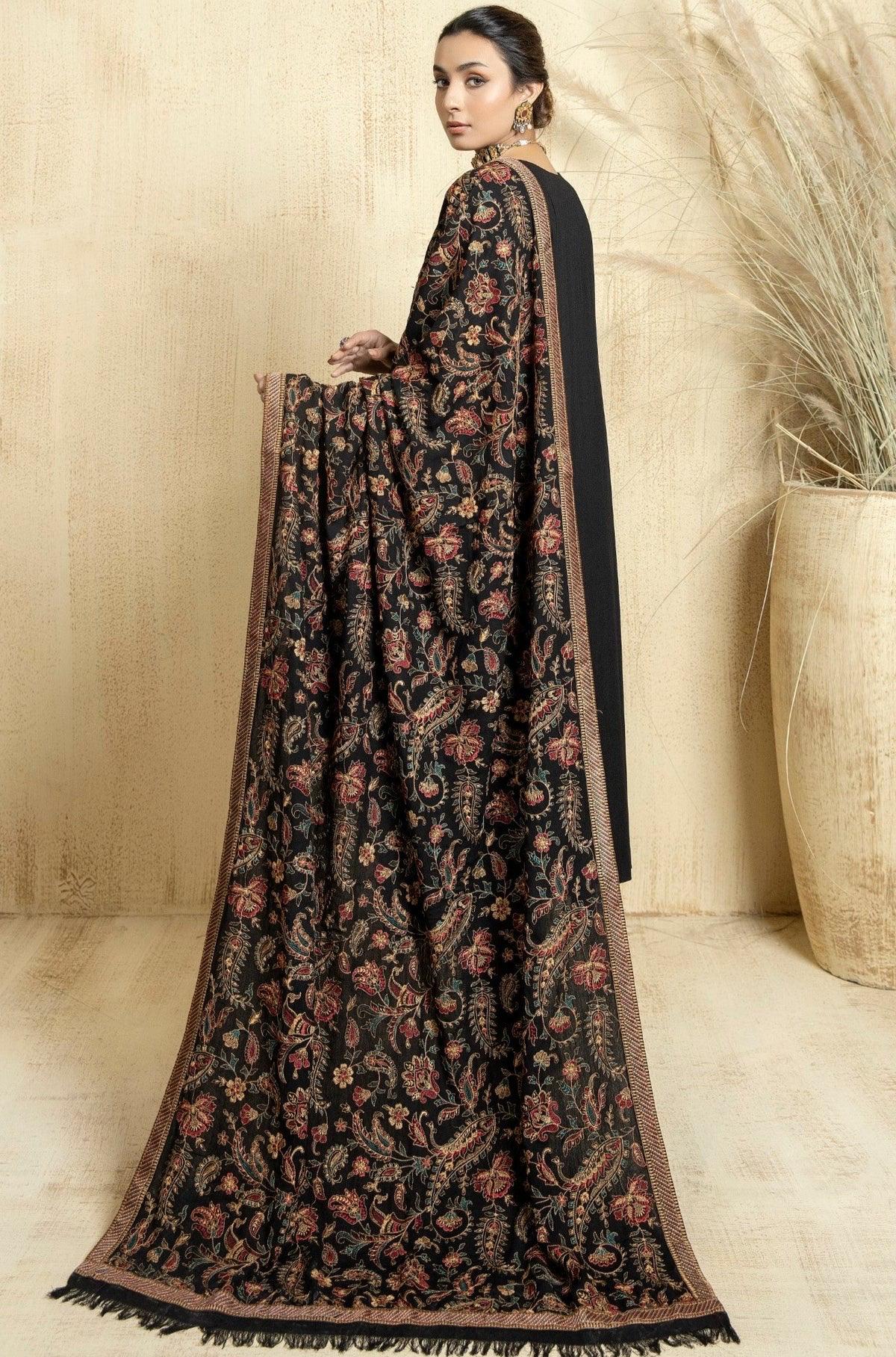 Black Embroidered Karandi Shawl: Kashmiri Thread Work Winter Duppata