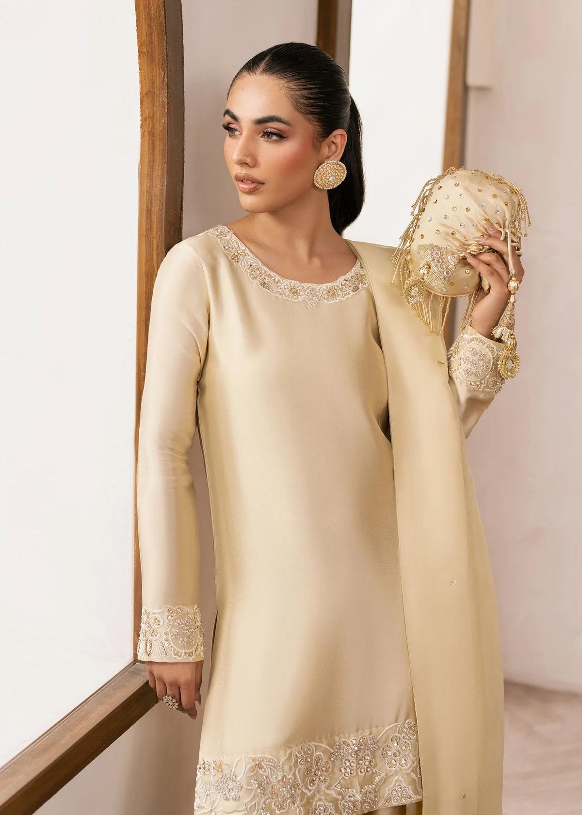 Ivory Silk Farshi Shalwar Kameez, Organza Dupatta, 3pc Stitched Suit