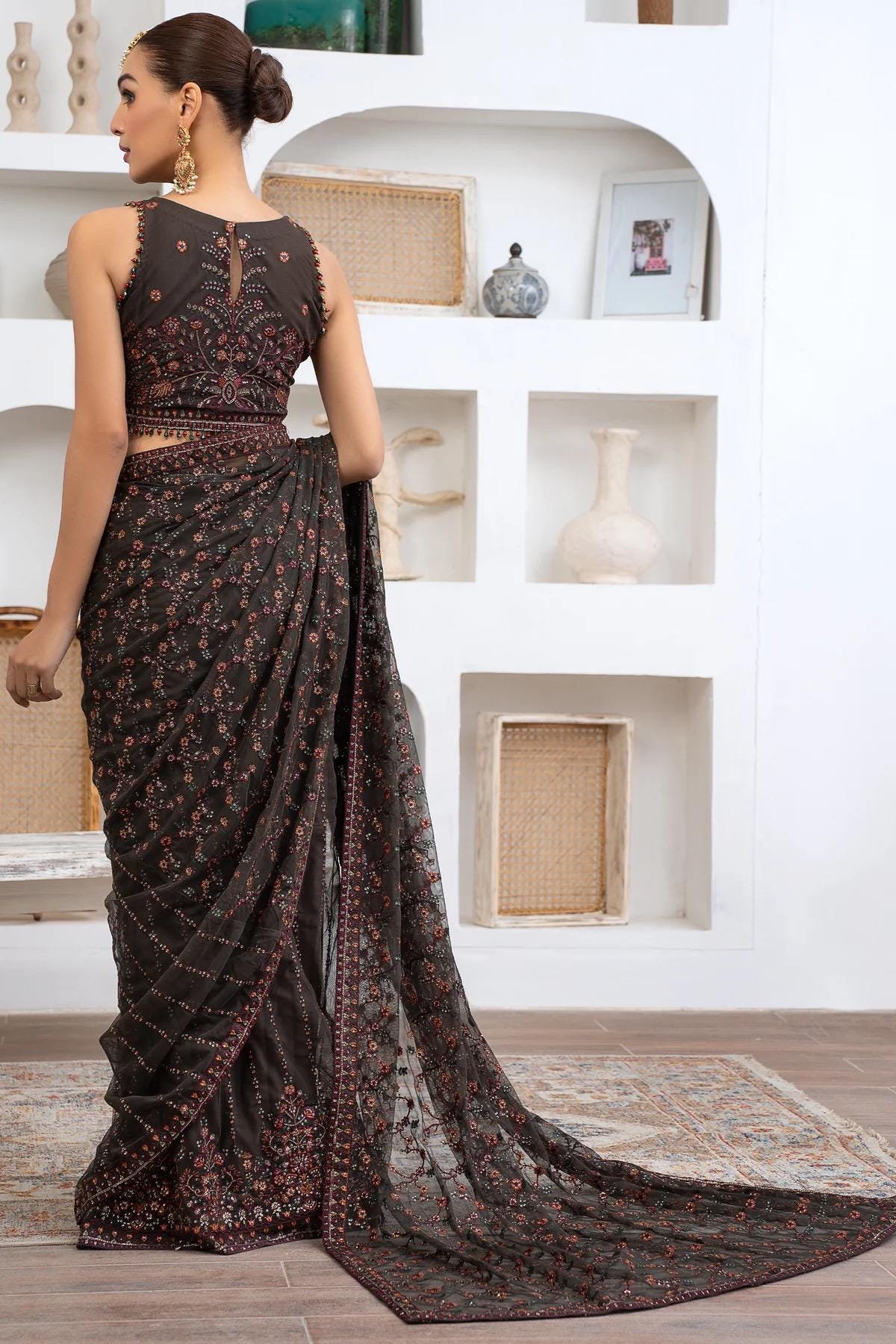 Brown Sequin Saree, Chiffon Indian Party Wear, Matching Blouse