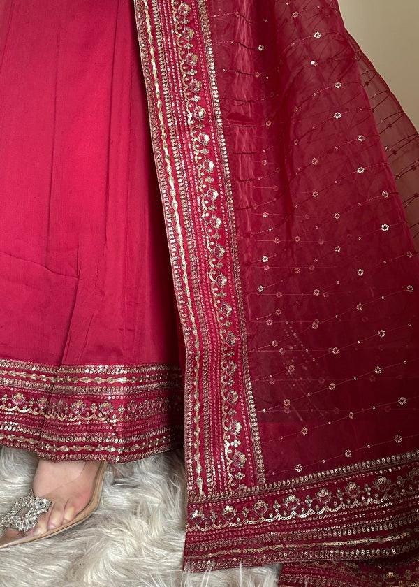 4 Piece Embroidered Chiffon Maxi Dress - With Kattan Silk Trousers and a Stylish Potli Bag