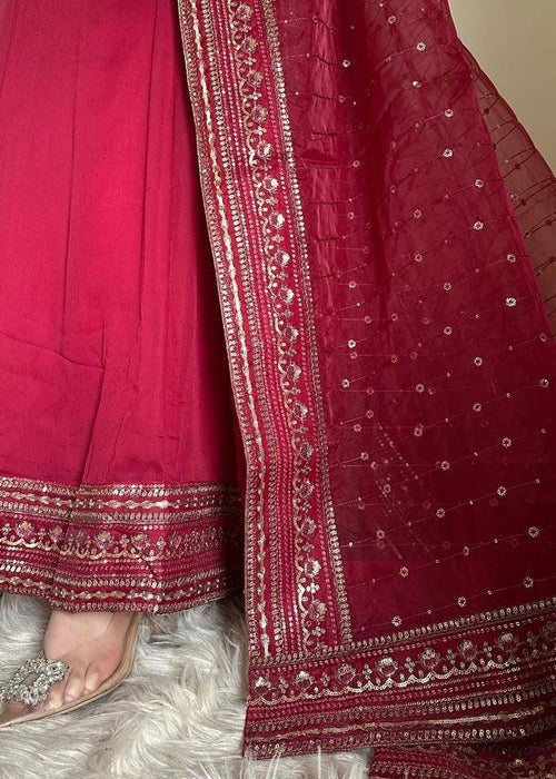 4 Piece Embroidered Chiffon Maxi Dress - With Kattan Silk Trousers and a Stylish Potli Bag