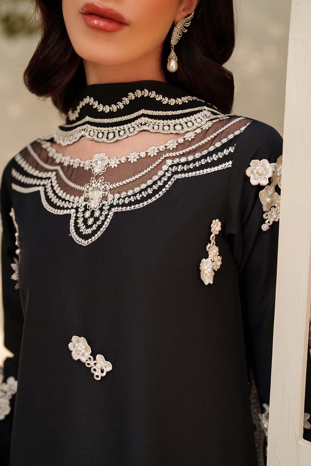 black pakistani Embroidered Silk Shalwar  3pc Suit, 3D Floral Pakistani Dress with Dupatta