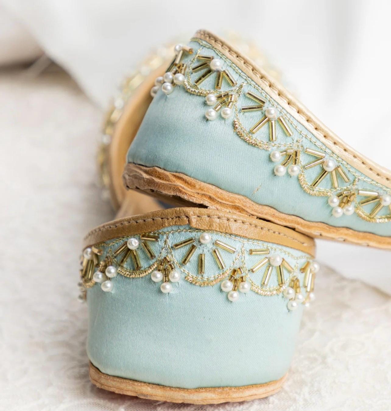 Handmade Sea Blue Silk Jutti: Embroidered Punjabi Mojari Flats