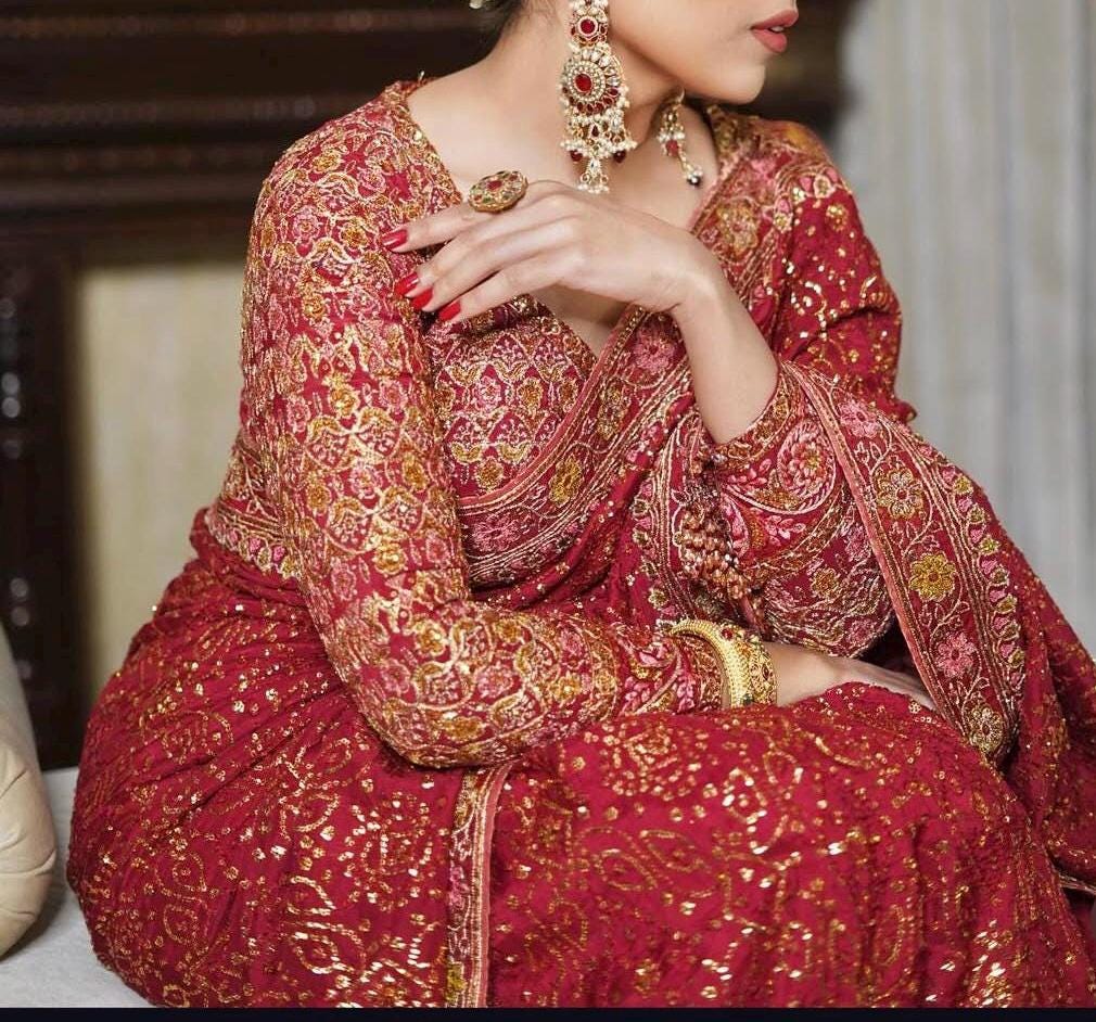 Embroidered Maroon Silk Bridal Saree, Indian Wedding