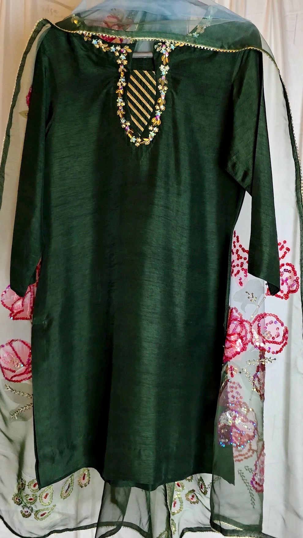 Handpainted Bridal Dupatta & Farshi Shalwar: Nikkah Green Tissue