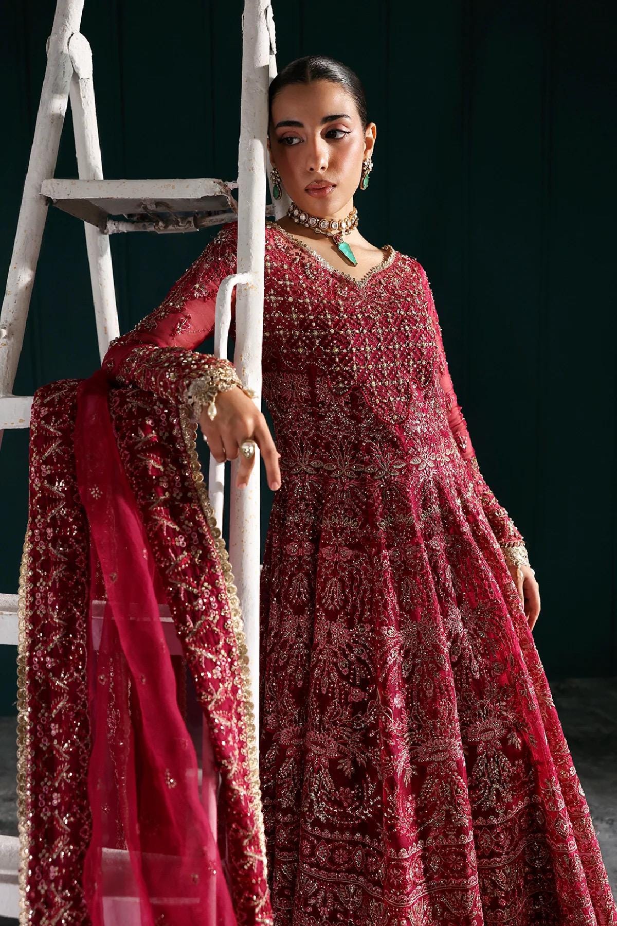 Fuchsia Embroidered Kamdani Maxi Dress: Pakistani Bridal Lengha