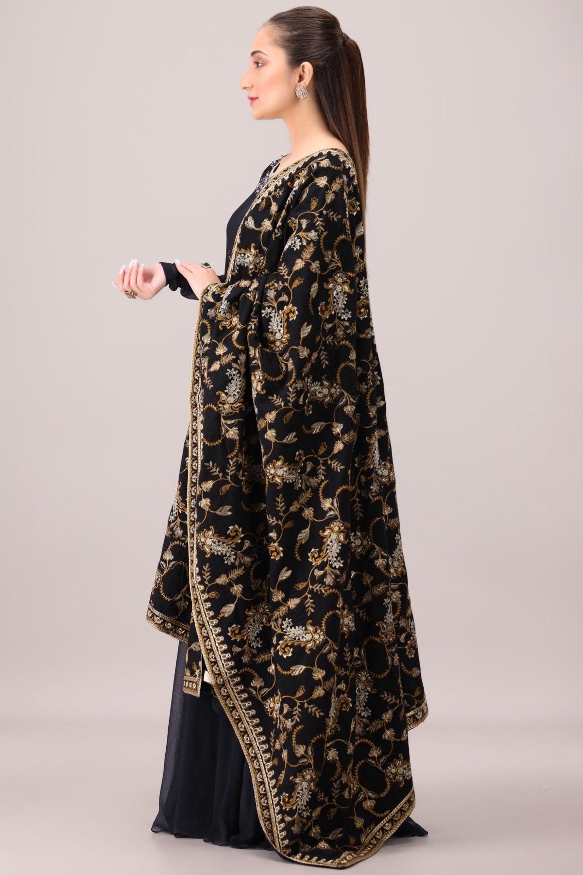 Embroidered dhanak Black Kashmiri Shawl: Indian Festive Wear