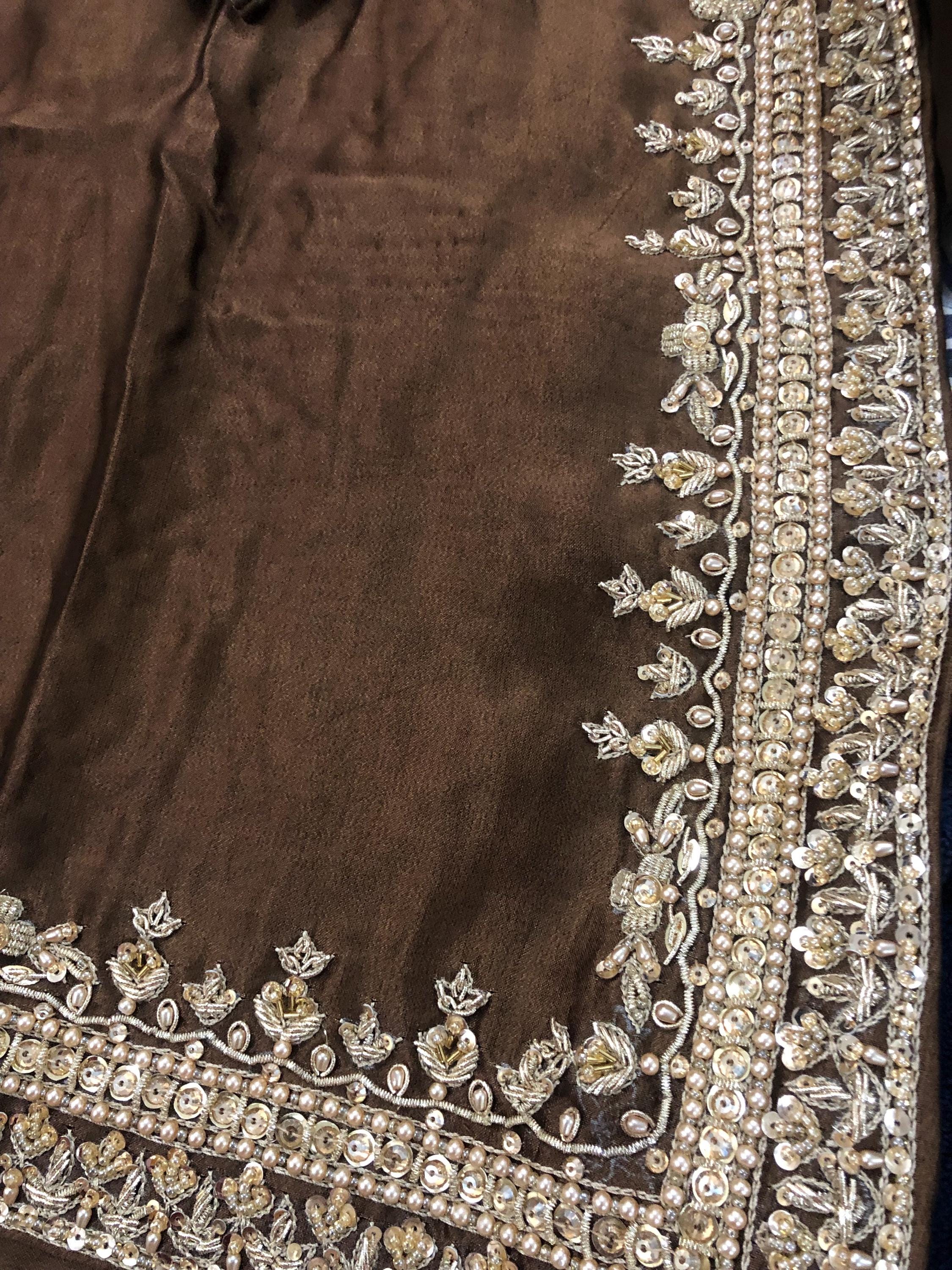 Brown Sheesha Silk Kamdani Suit, Hand-Painted Dupatta, Pakistani Wedding Outfit