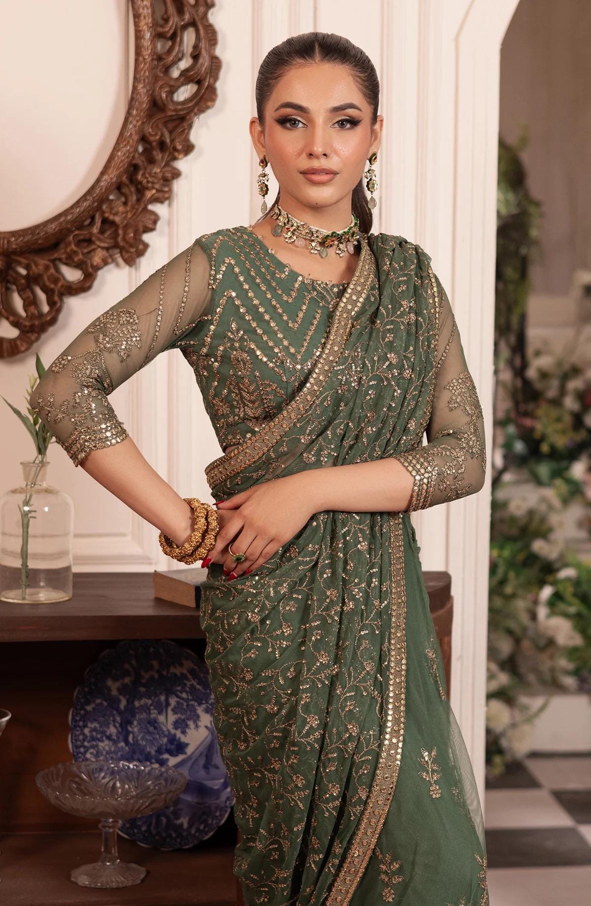 Sage Green Sequin Saree: Indian Party Wear, Matching Blouse
