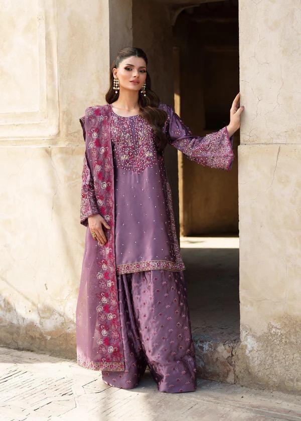 Kamdani Silk Punjabi Suit purple Short Kurta, Trouser & Dupatta
