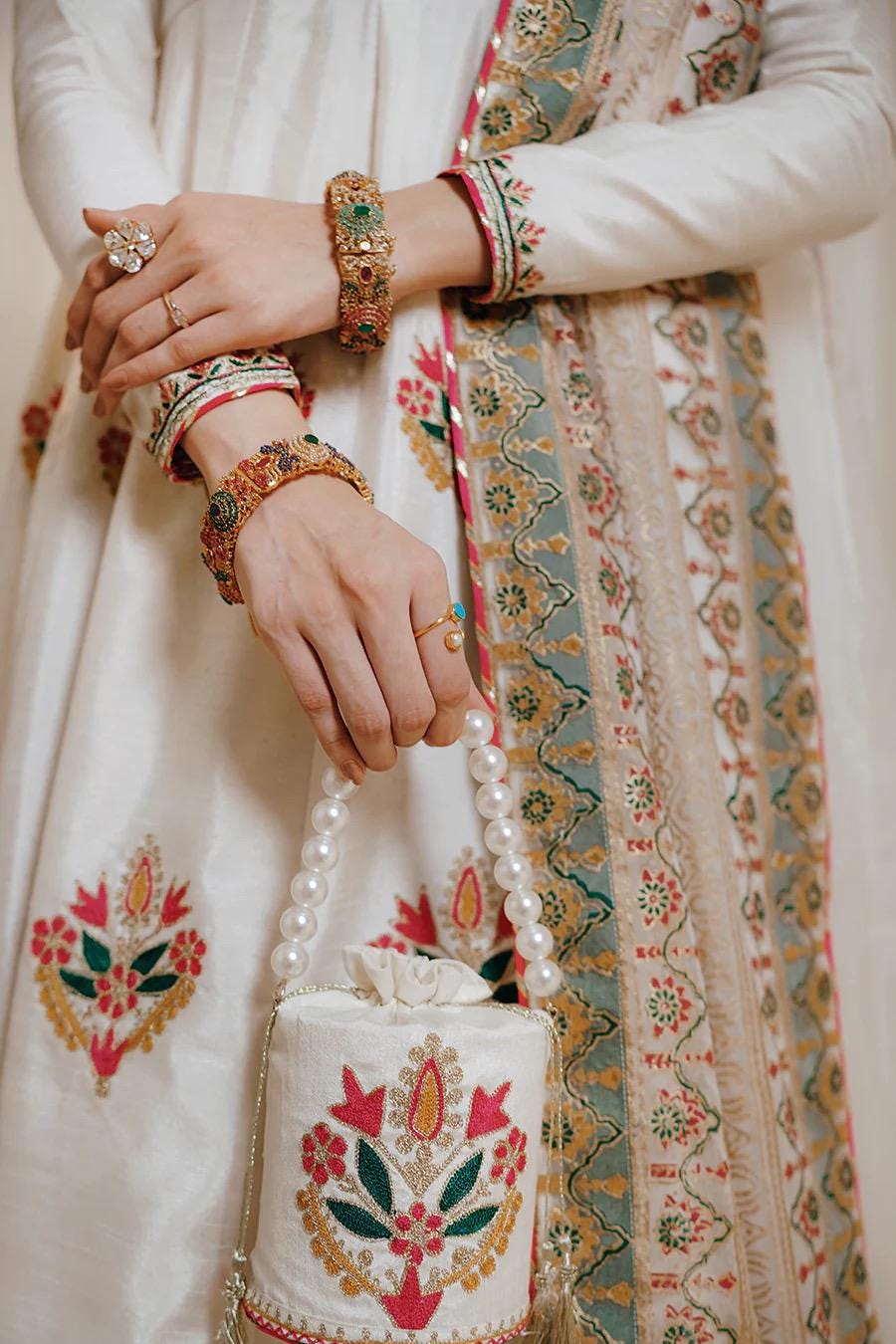 White Tilla Embroidery Raw Silk Pakistani Dress with Dupatta