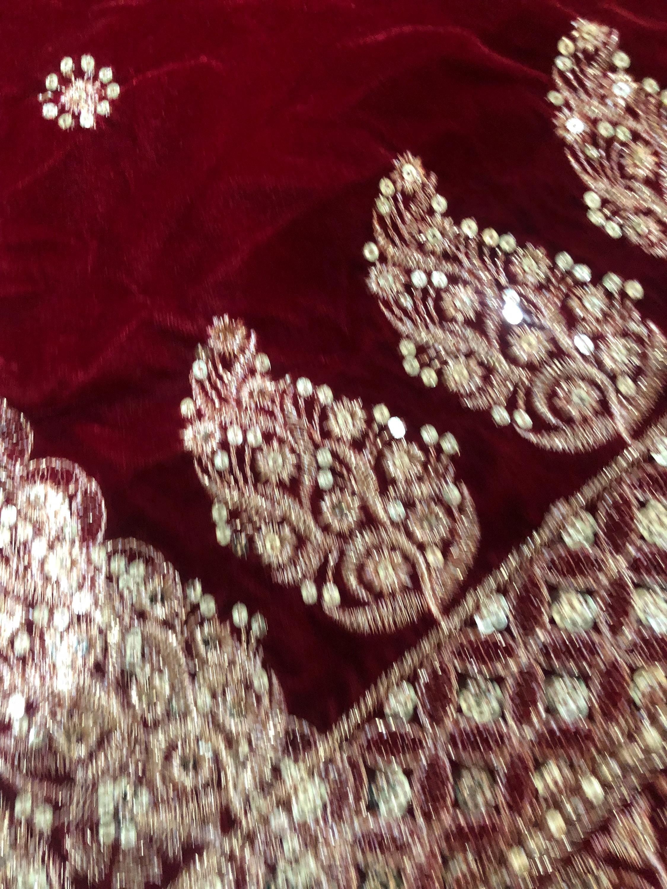 Maroon Velvet Bridal Shawl | Sequin & Tila Embroidery, Festive Stole