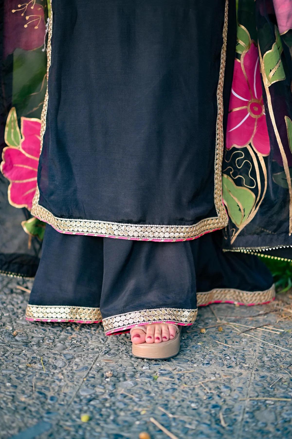 Hand-Painted Korean Silk Suit: Embroidered Organza Dupatta, Pakistani Party Wear