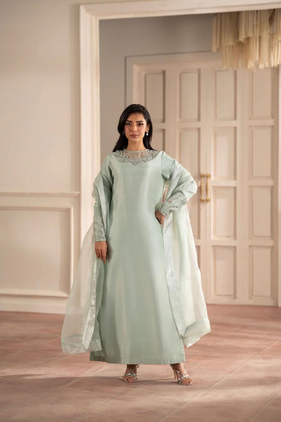 Mint Silk Kameez Shalwar, Pakistani Outfit, 3pc Dress