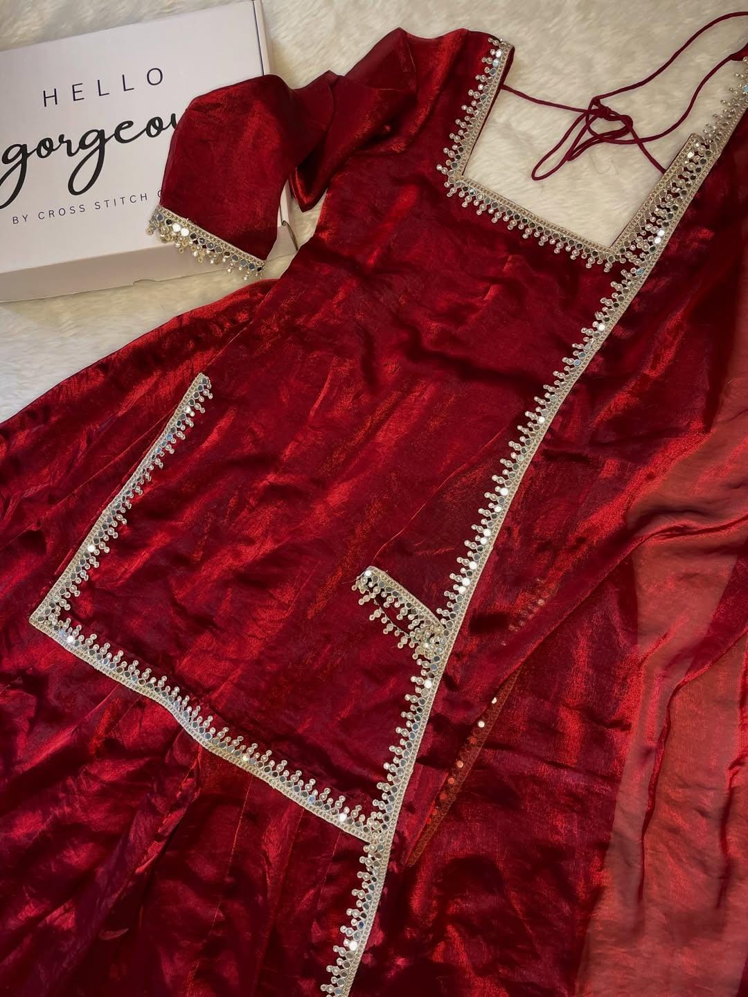 Maroon Kali Sharara Set: Hand Embroidered Silk Suit with Mirror Lace