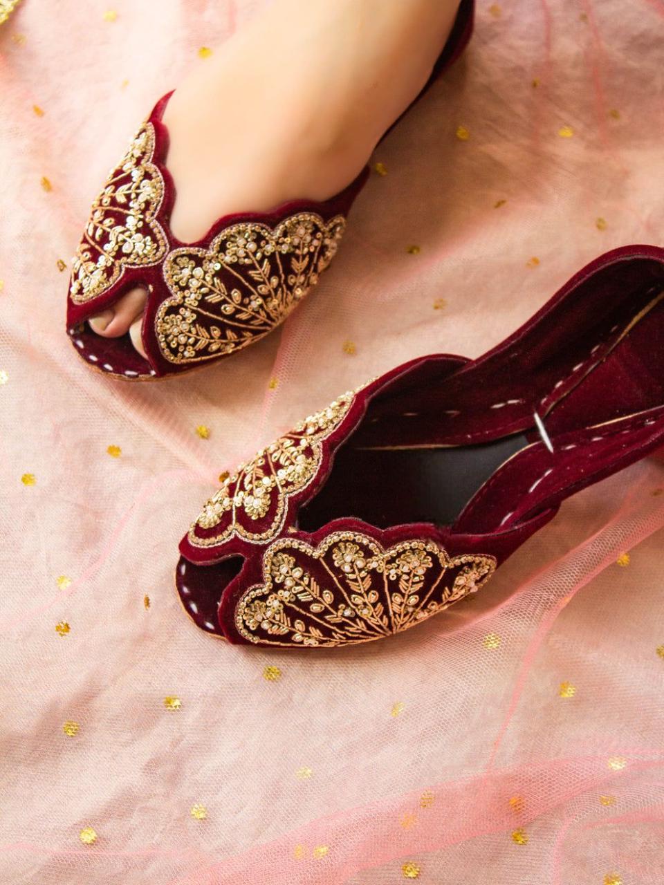 Handmade Bridal Khussa Jutti | Mirror & Velvet Embellished Flats